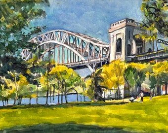 Hell Gate Bridge Astoria Queens NYC Impression de peinture à l'aquarelle par Gwen Meyerson