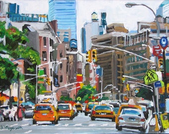 NYC Taxi Cab Art Print: Manhattan Cityscape Painting by Gwen Meyerson