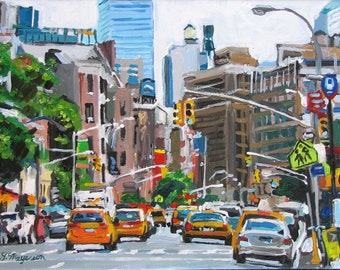 NYC Painting, New York Art.  Manhattan Art. Taxi Cabs. 12x16  13x19 Large Print,  Gwen Meyerson