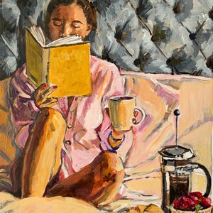 Breakfast in Bed, Morning Coffee Wall Art. Coffee Art. French Press. Bedroom Scene. Figurative Painting. Gwen Meyerson image 4