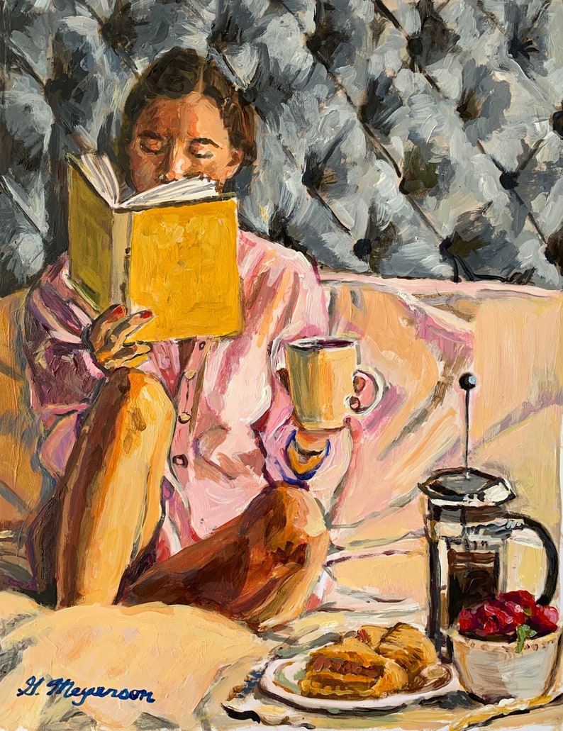 Breakfast in Bed, Morning Coffee Wall Art. Coffee Art. French Press. Bedroom Scene. Figurative Painting. Gwen Meyerson image 4