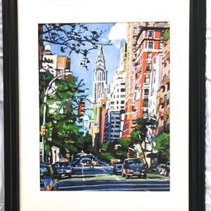 Chrysler Building Print Art. New York Cityscape Wall Art. Eastside Painting. Iconic Manhattan Building. Gwen Meyerson 16x20 blk frame inches