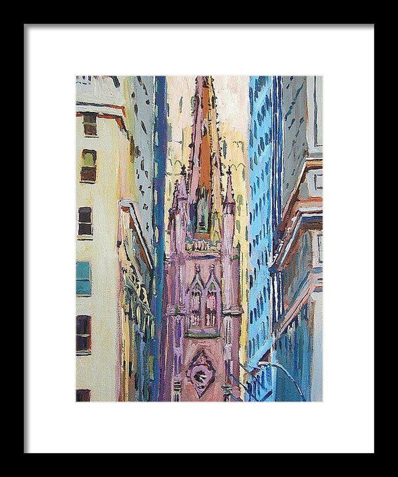 NYC Painting of Trinity Church, Wall Street, Lower Manhattan Art. Living Room Decor. Painting by Gwen Meyerson framed in black inches