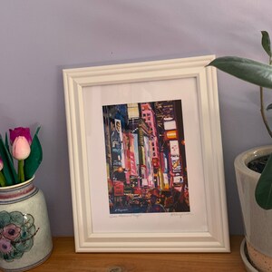 New York Wall Art. NYC Painting. Broadway Times Square Painting Neon Lights by Gwen Meyerson 5x7 in white frame