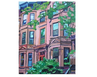 Brooklyn Painting, Park Slope Art Print, Pink Brownstones, Architecture.  New York City Wall Art NYC Gwen Meyerson