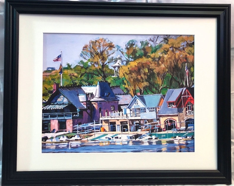 Philadelphia Painting. Living Room Decor. Art Print. Boathouse Row Painting. Schuylkill River Philly Art Print by Gwen Meyerson Black Frame 16x20 inches