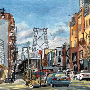 Williamsburg Original Watercolor, Williamsburg Bridge, Brooklyn Cityscape Art by Gwen Meyerson