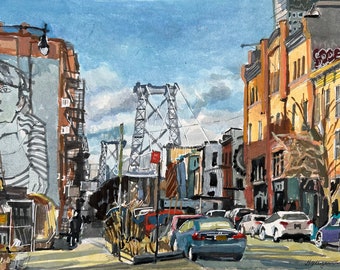 Impression aquarelle de Williamsburg, pont de Williamsburg, art du paysage urbain de Brooklyn par Gwen Meyerson