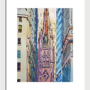 NYC Painting of Trinity Church, Wall Street, Lower Manhattan Art. Living Room Decor. Painting by Gwen Meyerson framed in white inches