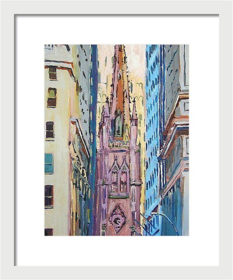 NYC Painting of Trinity Church, Wall Street, Lower Manhattan Art. Living Room Decor. Painting by Gwen Meyerson framed in white inches