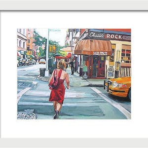 NYC Painting. New York Art Print. Living Room Decor. Red Dress On Bleecker Street, The Back Fence Painting by Gwen Meyerson 12x15 white frame inches
