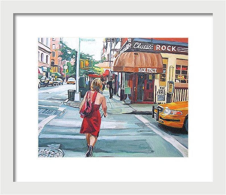 NYC Painting. New York Art Print. Living Room Decor. Red Dress On Bleecker Street, The Back Fence Painting by Gwen Meyerson 12x15 white frame inches
