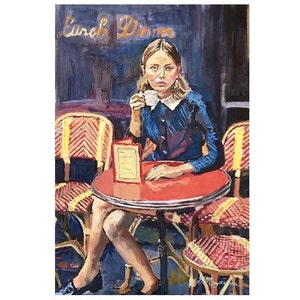 Coffee Art Print. Woman Sipping Espresso. Girl in Outdoor Cafe Art Painting. Gwen Meyerson