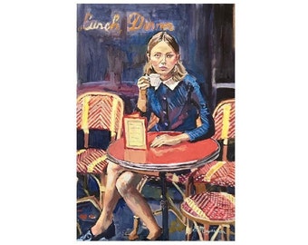 Coffee Art Print. Woman Sipping Espresso. Girl in Outdoor Cafe Art Painting. Gwen Meyerson