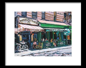 Cafe Reggio | Mamouns Falafel New York Art. Living Room decor. Framed NYC Cityscape, Greenwich Village Print. MacDougal Street.