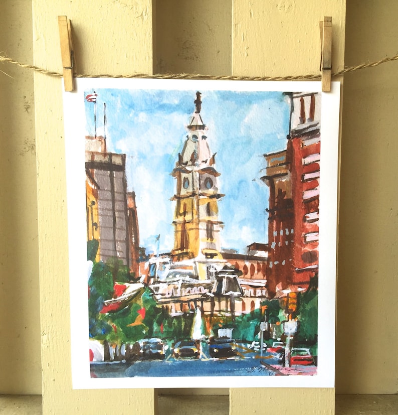 Philadelphia Watercolor Painting. City Hall, Home Decor. Living Room Decor. Philly cityscape. Center City Art Print. Gwen Meyerson 9x12 inches