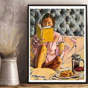 Breakfast in Bed, Morning Coffee Wall Art. Coffee Art. French Press. Bedroom Scene. Figurative Painting. Gwen Meyerson image 1