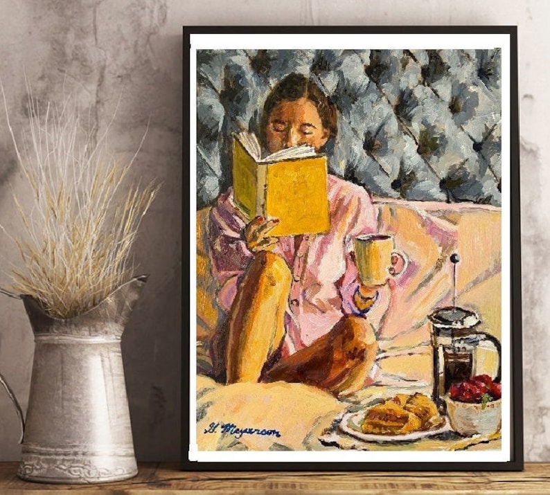 Breakfast in Bed, Morning Coffee Wall Art. Coffee Art. French Press. Bedroom Scene. Figurative Painting. Gwen Meyerson image 1