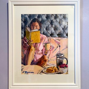 Breakfast in Bed, Morning Coffee Wall Art. Coffee Art. French Press. Bedroom Scene. Figurative Painting. Gwen Meyerson image 3