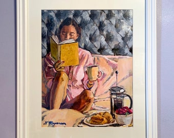 Original Painting. Breakfast in Bed, Morning Coffee Wall Art. Coffee Art. French Press. Bedroom Scene. Figurative Painting. Gwen Meyerson