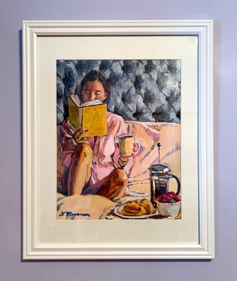 Breakfast in Bed, Morning Coffee Wall Art. Coffee Art. French Press. Bedroom Scene. Figurative Painting. Gwen Meyerson image 3