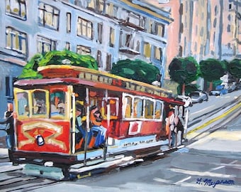 San Francisco Painting Red Cable Car Fine Art Print Cityscape Wall Decor Print of SF Painting transportation, street car, Gwen Meyerson