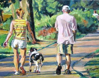 Impression d'art amoureux des chiens. Cadeau pour propriétaire de chien, couple promenant leur chien dans le parc, peinture figurative de Gwen Meyerson