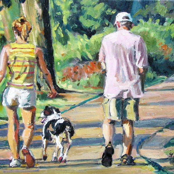 Impression d'art amoureux des chiens. Cadeau pour propriétaire de chien, couple promenant leur chien dans le parc, peinture figurative de Gwen Meyerson