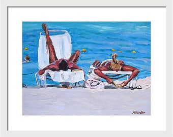 Couple on the Beach Fine Art Print 8x10, Caribbean Sea, Sunbathers Painting by Gwen Meyerson