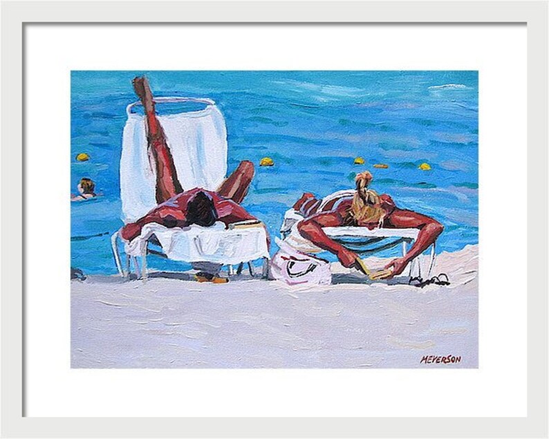 Couple on the Beach Fine Art Print 8x10, Caribbean Sea, Sunbathers Painting by Gwen Meyerson image 1