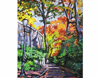 New York Art. NYC Painting, Living Room Decor. Gift for New Yorker, Washington Heights, The Cloisters  Autumn Wall Decor by Gwen Meyerson