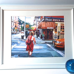 NYC Painting. New York Art Print. Living Room Decor. Red Dress On Bleecker Street, The Back Fence Painting by Gwen Meyerson 16x20 white frame inches