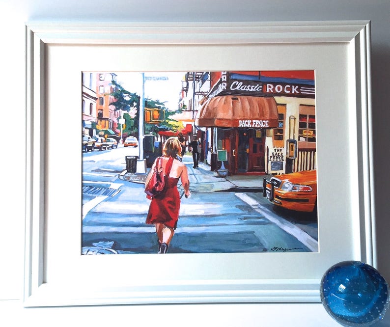 NYC Painting. New York Art Print. Living Room Decor. Red Dress On Bleecker Street, The Back Fence Painting by Gwen Meyerson 16x20 white frame inches