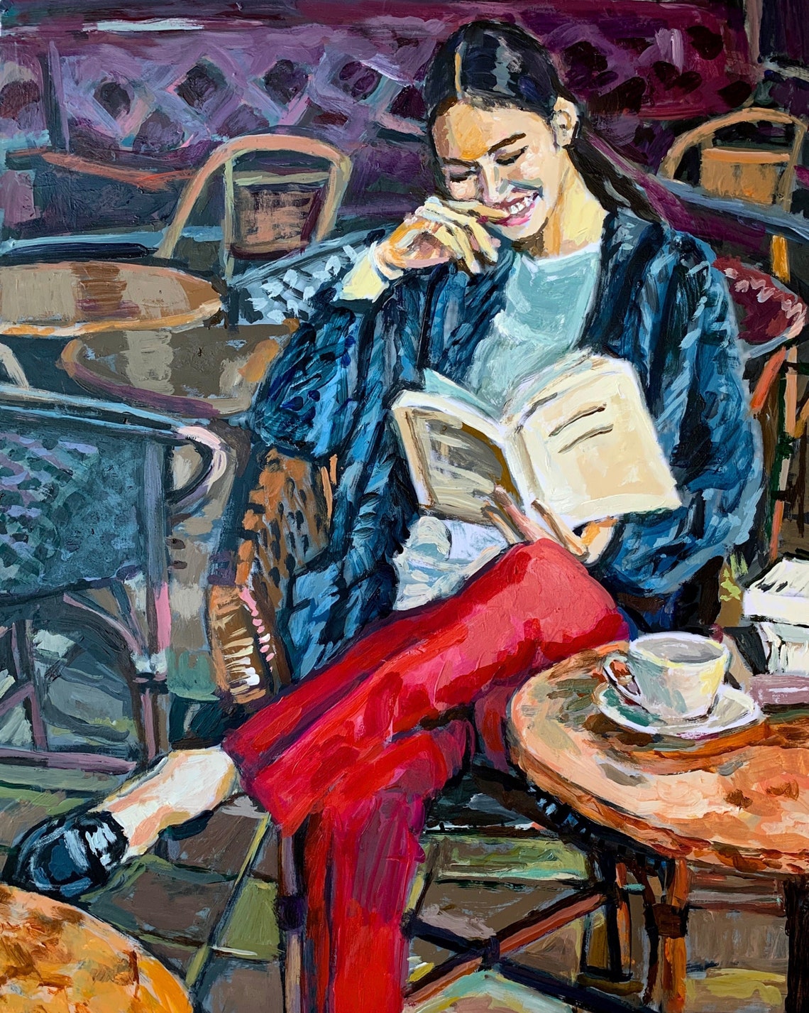Woman Reading. Coffee Art. Book Lover. Cafe Culture. Interior Etsy
