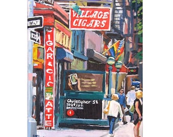 May include: A painting of a street scene in New York City. The painting features a red sign that says "Village Cigars" and a green sign that says "Christopher St Station Downtown 1". There are people walking on the street.