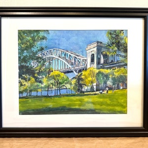 Hell Gate Bridge Astoria Queens NYC Print of Watercolor Painting by Gwen Meyerson 11x14 framed black