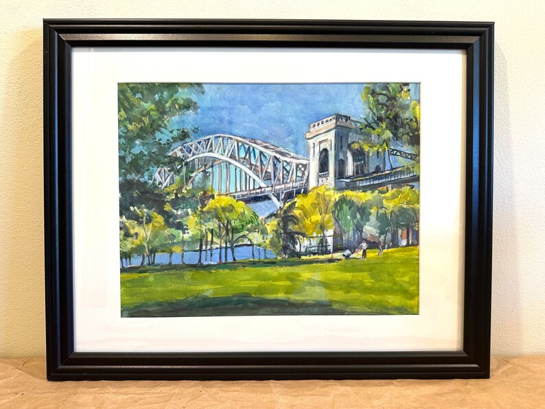 Hell Gate Bridge Astoria Queens NYC Print of Watercolor Painting by Gwen Meyerson 11x14 framed black