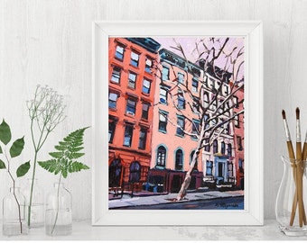 Red Cityscape Art Print: NYC Building Painting, 8x10 Fine Art, Gwen Meyerson
