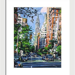 Chrysler Building Print Art. New York Cityscape Wall Art. Eastside Painting. Iconic Manhattan Building. Gwen Meyerson 8x10 in white frame inches