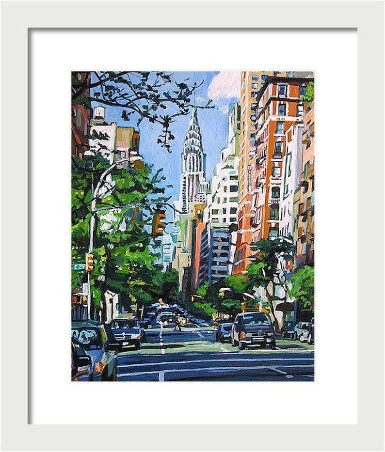Chrysler Building Print Art. New York Cityscape Wall Art. Eastside Painting. Iconic Manhattan Building. Gwen Meyerson 8x10 in white frame inches