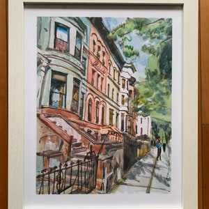 Brooklyn Brownstone watercolor. Park Slope Neighborhood. Prospect Heights Painting. Gwen Meyerson 9x12 wh fr no mat inches