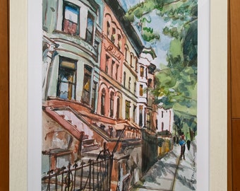 Brooklyn Brownstone watercolor. Park Slope Neighborhood. Prospect Heights Painting.  Gwen Meyerson