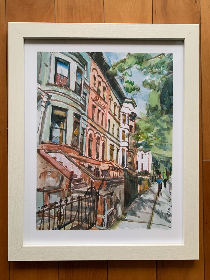 Brooklyn Brownstone watercolor. Park Slope Neighborhood. Prospect Heights Painting. Gwen Meyerson 9x12 wh fr no mat inches