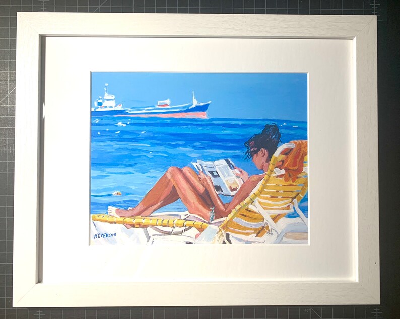 Beach Girl Art Print. Woman Lounger, Caribbean, Sunbather Painting by Gwen Meyerson 8x10 framed white inches