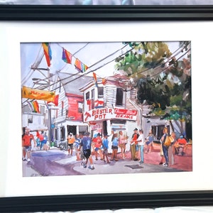 Cape Cod Provincetown, casier à homard, aquarelle, impression d'art Gwen Meyerson 16x20 black frame pouces