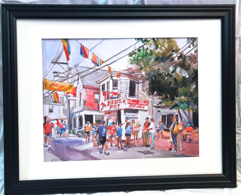 Cape Cod Provincetown, casier à homard, aquarelle, impression d'art Gwen Meyerson 16x20 black frame pouces