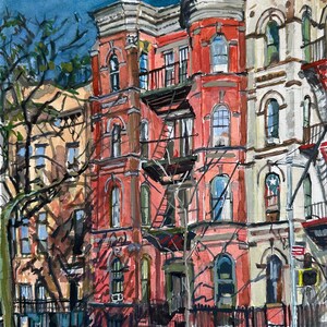Original Brooklyn Painting, Bushwick Watercolor, Historical Brooklyn Buildings, Living Room Decor NYC Cityscape Art by Gwen Meyerson