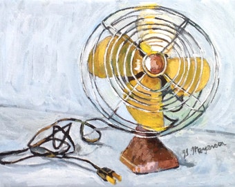 Vintage Electric Fan Painting Print, industrial design painting yellow brown black white painting  by Gwen Meyerson