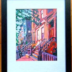 Park Slope Painting. Brooklyn Peach Brownstones, NYC Living Room Decor. Architectural New York Cityscape Gwen Meyerson 8x10 in black frame