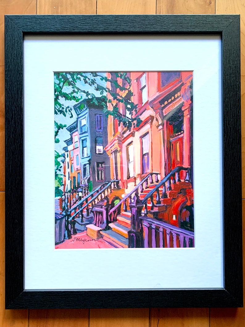 Park Slope Painting. Brooklyn Peach Brownstones, NYC Living Room Decor. Architectural New York Cityscape Gwen Meyerson 8x10 in black frame